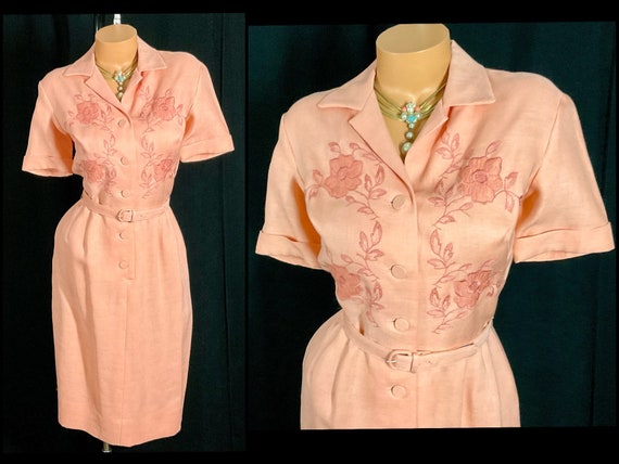 NOS Vintage 1950s 1960s Peach Linen Shirt Dress w… - image 8