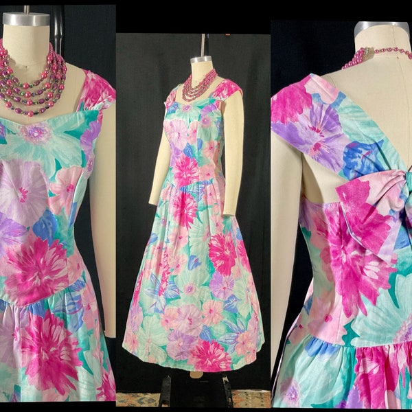 Vintage 1980s does 1950s ~ Lanz Originals ~ Watercolor Floral Midi Dress w/Drop Waist + Flirty Back Bow, Garden Party Tea, Wedding, 36”B