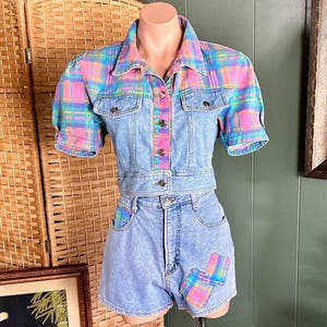 Vintage 1990s Y2K Frederick’s of Hollywood 2pc Denim Set, Jacket + Daisy Duke Shorts w/Rainbow Plaid Patches, Puff Sleeves, Small, 39B, 27W