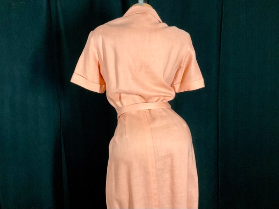 NOS Vintage 1950s 1960s Peach Linen Shirt Dress w… - image 5