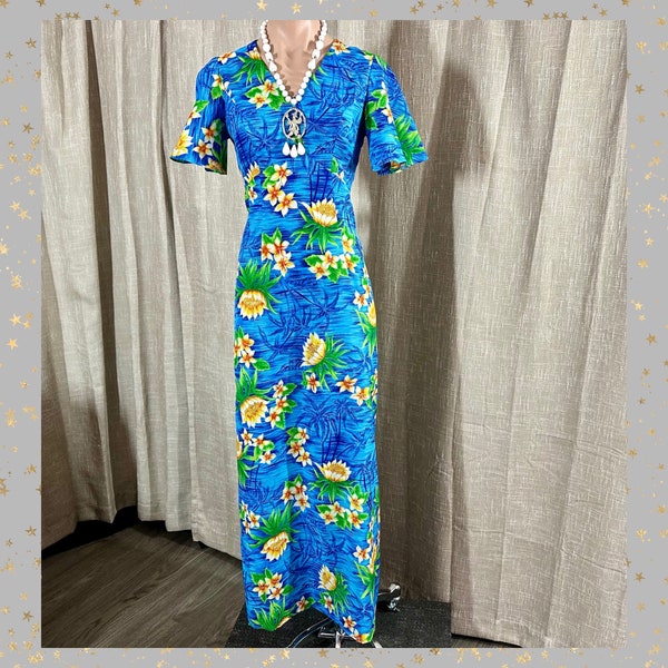 Vintage 1970s Royal Hawaiian Maxi Dress w/Water Lilies + Palm Trees on Floaty Poly, Empire Bust, Fan Sleeves, A Line Skirt, 36”B, 40”H