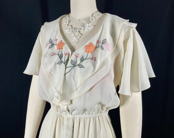 Vintage Miss Ashlee~ 1970s Does 1930s Deco Bias Style Georgette Dress w/Floral Appliqués + Flounced Cape Sleeves, Small