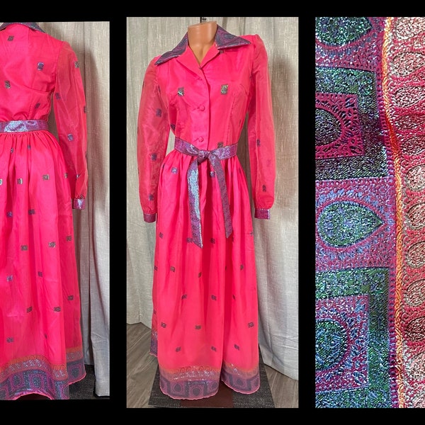 Vintage 1960s 1970s Neon Pink Mod Maxi Hostess Party Dress, Dagger Collar, Shimmering Sari Fabric w/Metallic Border, 37”B / 26”W