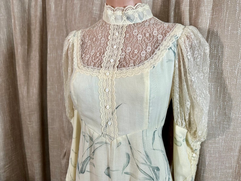 Vintage 70s Victorian Romantic Gunne Sax Maxi Dress, Floral Voile w/Lace Yoke, Puffy Bishop Sleeves, Garden Party, Wedding, Bridesmaid, 35B image 4
