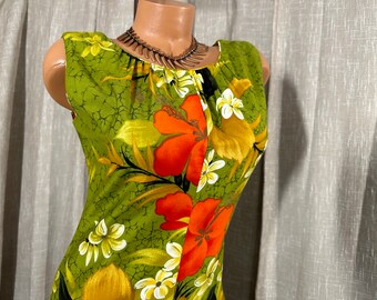 Vintage 1970s Hawaiian Maxi Dress, Hibiscus Floral Cotton Sateen w/Side Bow Detail, Vacation, Tiki Bar, Sears Hawaiian Label, 37”B,40”H