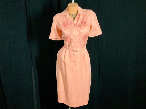 NOS Vintage 1950s 1960s Peach Linen Shirt Dress w… - image 2