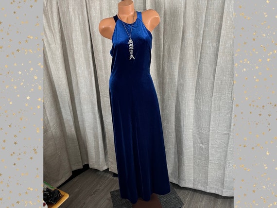 Vintage 1990s does 1930s Glam Harlow Style Blue Velvet Evening Gown w/Lowcut Back + Sides, Geary Roark Kamisato Label, 36-40"Bust, 40-42"Hip