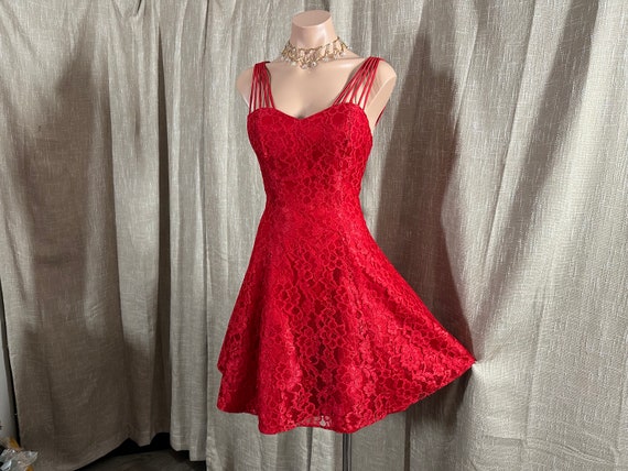 Vintage 1980s Lipstick Red Lace Party Prom Dress … - image 1