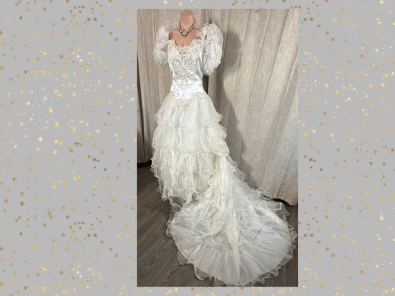 Vintage 1980s Beaded Satin Wedding Dress Gown w/C… - image 1