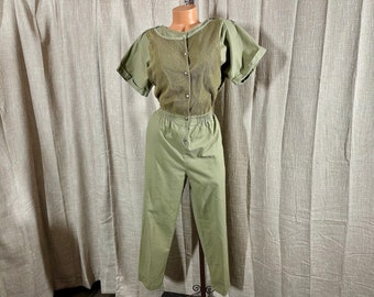 Vintage 1970s Sears Snap Front Jumpsuit, Boilersuit, Workwear, Playsuit, Olive Cotton w/Crochet Net Bodice Overlay, 38”Bust, 30-34”W, 40”Hip