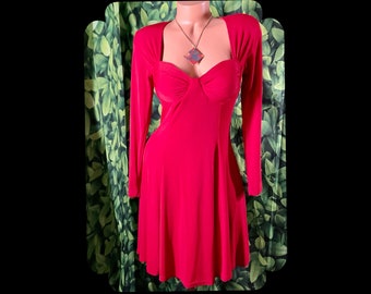 Vintage 1990s Y2K Sexy Red Spandex Dress w/Bra Cups, Party in the Front + Back! Moda International Label, Glam Goth Raver Girl, 34-37” B