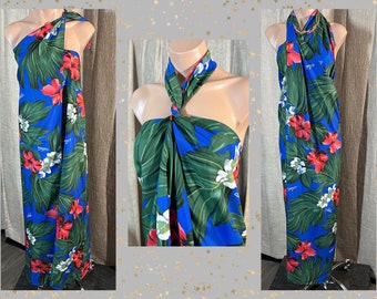 Vintage 80s Royal Creations Wrap Dress Swim Coverup w/Tropical Hawaiian Hibiscus Aloha Print, Vacation, Cruise, Palm Royale, Tiki Oasis,OSFM