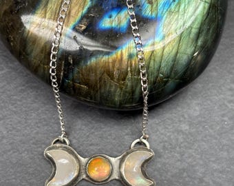 Handmade Sterling Silver Crescent Moon Necklace: Moonstone Opal Pendant