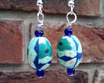 Clay bead earrings, blue millefiori