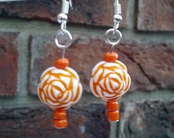 Orange flower bead dangle earrings, fun jewellery, gift