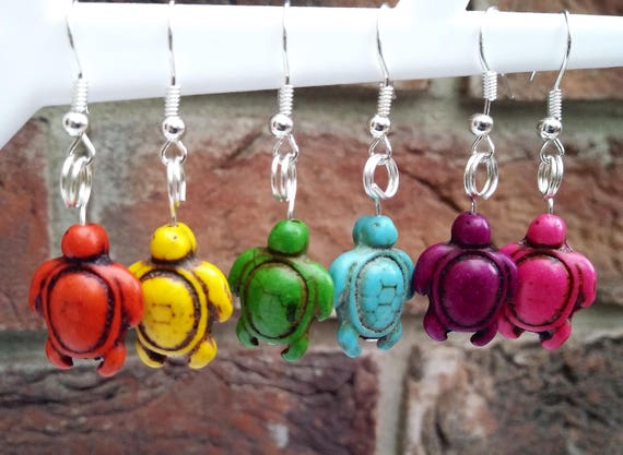 Boucles D'oreilles Tortue En Howlite Verte + Perle Jaspe Impérial - Artisanat Neuf