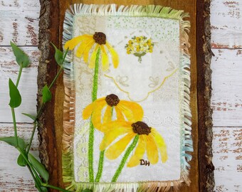 Black Eyed Susans Art Botanical Hand Embroidery / Nature Embroidery Art / Slow Stitched Art / Unique Textile Wall Art/ Flower Wall Hanging