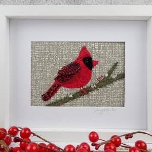 PAPER Pattern Red Cardinal Textile Fabric Collage / Bird hand embroidery pattern / Gift for Quilter / slow stitch pattern image 3