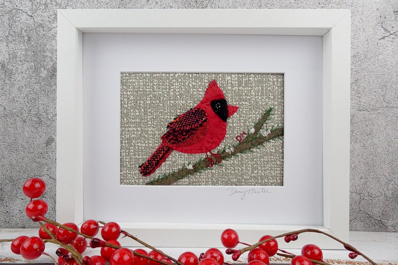 PAPER Pattern Red Cardinal Textile Fabric Collage / Bird hand embroidery pattern / Gift for Quilter / slow stitch pattern image 3