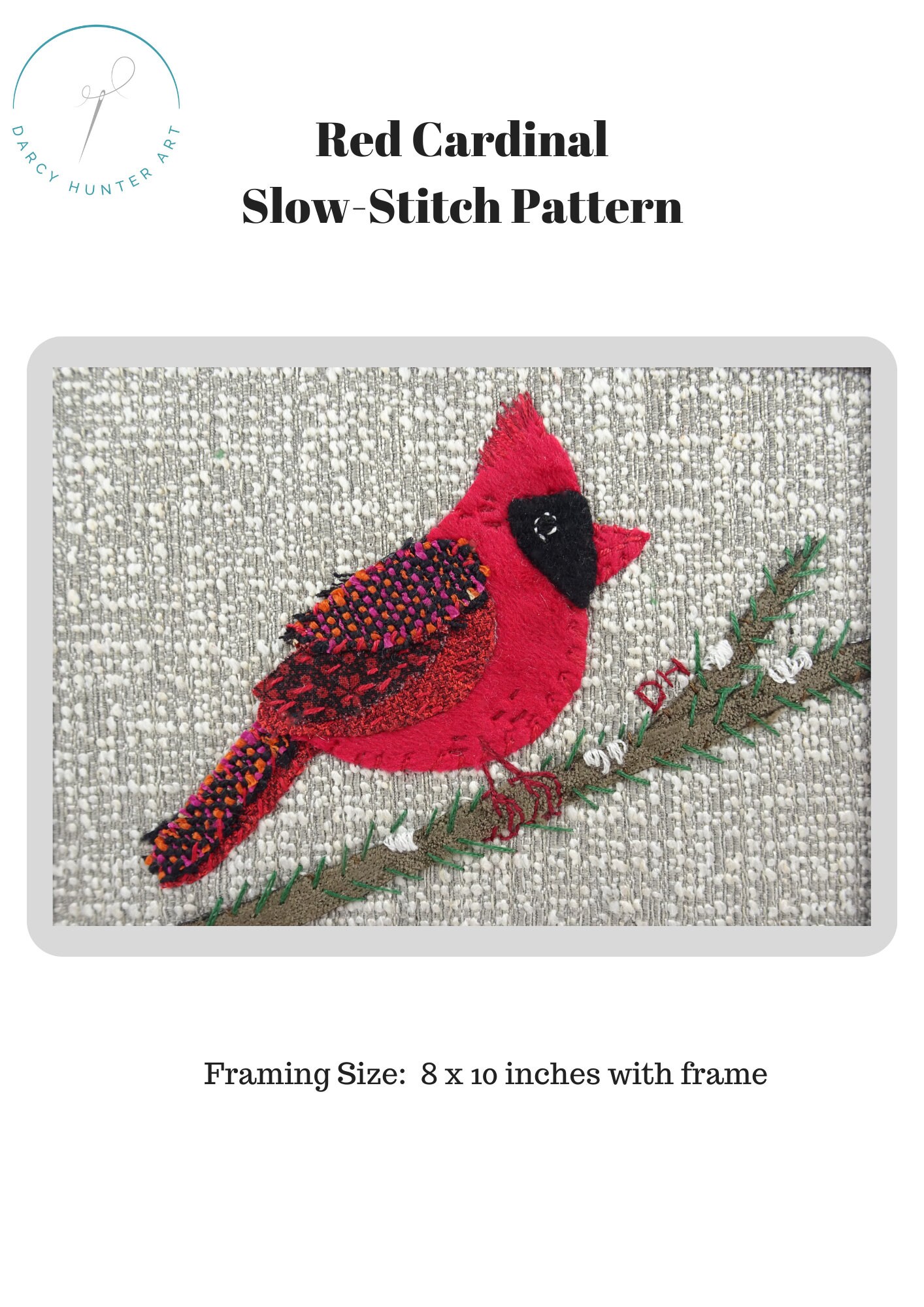 PDF Red Cardinal Textile Fabric Collage Pattern / Bird hand embroidery pattern / Gift for Quilter / slow stitch pattern