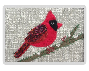 PAPER Pattern Red Cardinal Textile Fabric Collage / Bird hand embroidery pattern / Gift for Quilter / slow stitch pattern
