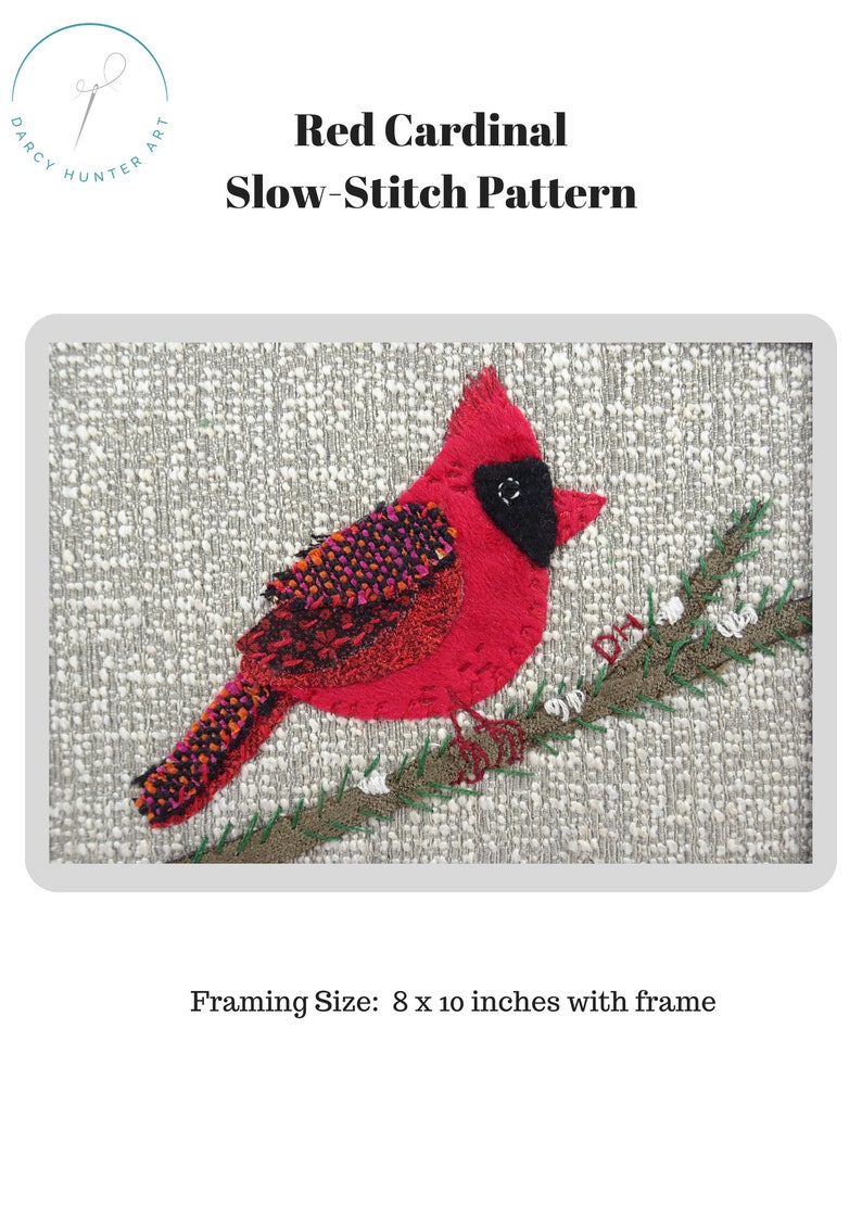 PAPER Pattern Red Cardinal Textile Fabric Collage / Bird hand embroidery pattern / Gift for Quilter / slow stitch pattern image 1