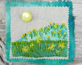 Sunny Yellow Day Art Hand Embroidery Art / Yellow Flower Artwork / Field of Flowers / Hand Stitched Art / Unique Textile Wall Art