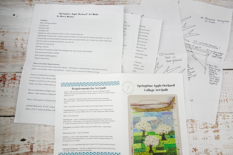 May include: Instructions for a Springtime Apple Orchard Collage Art Quilt. The quilt is made with fabric scraps and includes a combination of light and medium fabrics. The instructions include a list of supplies and fabric requirements.