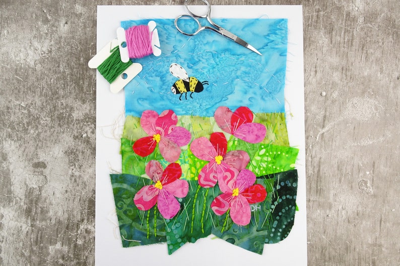 PDF Textile Fabric Collage Pattern Bumbleebee Among the Flowers / Nature embroidery pattern / Slow Stitch Landscape pattern /Do it Yourself image 4