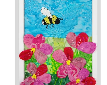 PAPER Textile Fabric Collage Pattern Bumblebee Among the Flowers / Nature embroidery pattern/ Slow Stitch Landscape pattern/ Do it Yourself