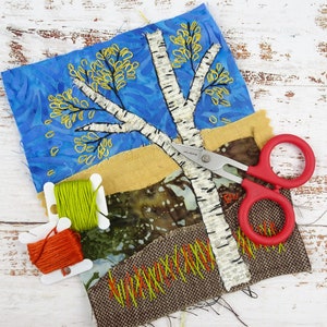 Slow Stitch Kit Autumn Birch Landscape / Beginner Hand Embroidery Kit / Collage Stitch Kit / Gifts for Quilters / Gifts for Sewers image 6