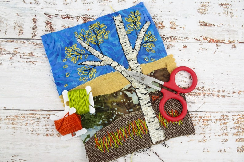 Slow Stitch Kit Autumn Birch Landscape / Beginner Hand Embroidery Kit / Collage Stitch Kit / Gifts for Quilters / Gifts for Sewers image 6