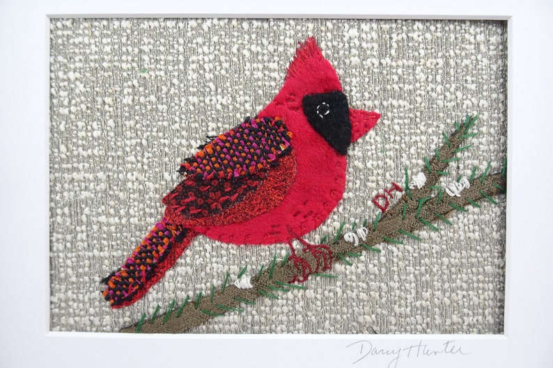 PAPER Pattern Red Cardinal Textile Fabric Collage / Bird hand embroidery pattern / Gift for Quilter / slow stitch pattern image 4