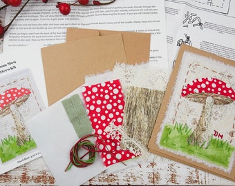 Mini Quilt Kit Red Mushroom / Hand Stitching Project/ Stitched Card Kit/ Beginner Quilt Kit/  Hand Embroidery Kit / Textile Collage Kit