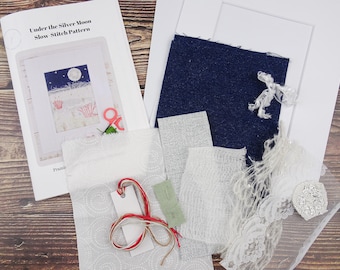 Slow Stitch Kit Under the Silver Moon / Winter Landscape Pattern / Winter Beginner Hand Embroidery Kit / Textile Collage Kit / Snowy Night