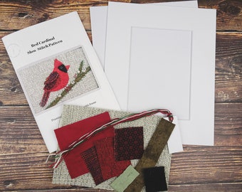 Beginner Hand Embroidery Kit Red Cardinal / Kit Do it Yourself / Slow Stitch Kit / Mini-Quilt Kit / Collage Stitch Kit / DIY Gift for Women