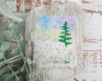 Lone Evergreen in Winter Art Hand Embroidery / Nature Embroidery Art / Slow Stitched Art / Unique Textile Wall Art / Hand stitched Art