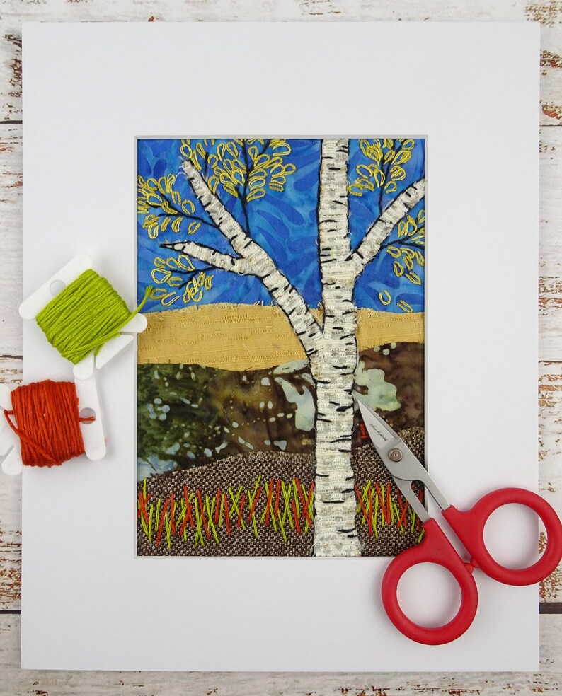 Slow Stitch Kit Autumn Birch Landscape / Beginner Hand Embroidery Kit / Collage Stitch Kit / Gifts for Quilters / Gifts for Sewers image 2