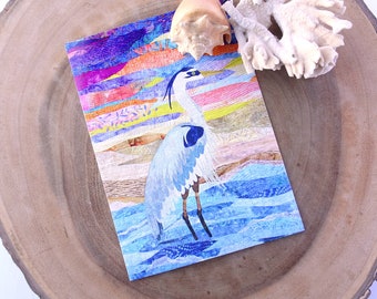 Blue Heron Art Print / 5x7 Fine Art Print / Unique Postcard / Blank Postcard / Gift for Sewist / Art for Small Spaces / Frameable Art