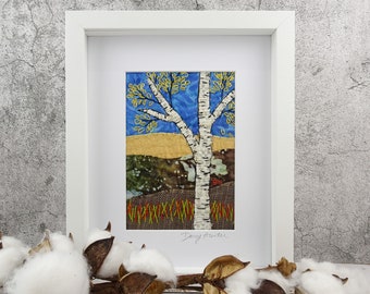 Birch Tree Art Autumn Landscape Hand Embroidery Collage Art / Textile Wall Art / Nature Artwork /  Trendy Collage Wall Art / Hand stitched