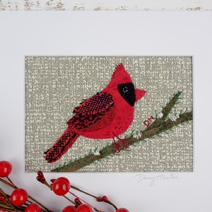 PAPER Pattern Red Cardinal Textile Fabric Collage / Bird hand embroidery pattern / Gift for Quilter / slow stitch pattern image 5