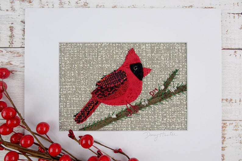 PAPER Pattern Red Cardinal Textile Fabric Collage / Bird hand embroidery pattern / Gift for Quilter / slow stitch pattern image 5