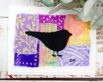 PDF Mini Quilt Pattern Black Bird / Slow Stitch Collage /  Hand Stitching Project/ Bird Small Quilting Pattern/ Beginner Embroidery Pattern