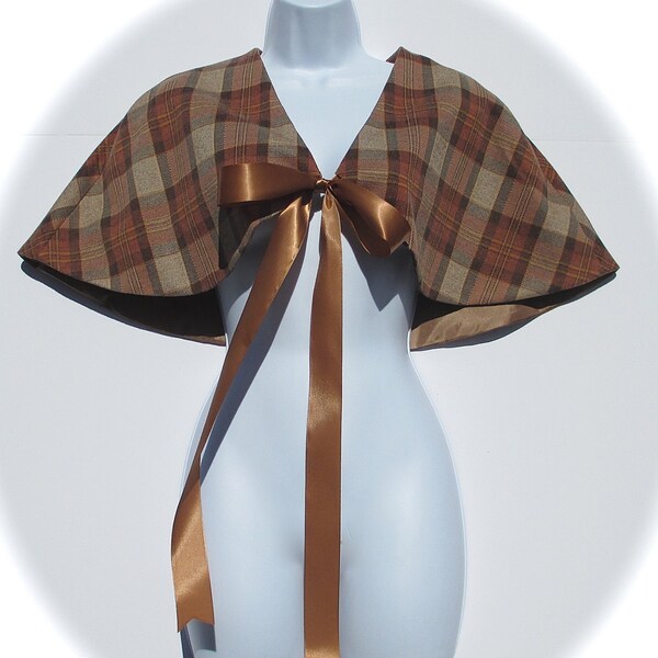 Brown Tartan Plaid Capelet, Ribbon Ties, 1700's 1800's Style Cape, Fall Winter Victorian Fashion Accessory, Women's Handmade Holiday Gift