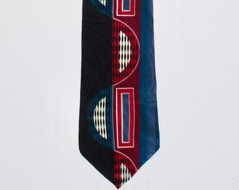 George Machado Zylos Silk Necktie, Black Red Blue White, Abstract Cubist Geometric Vertical Design, Modern Fashion Accessory, Birthday Gift