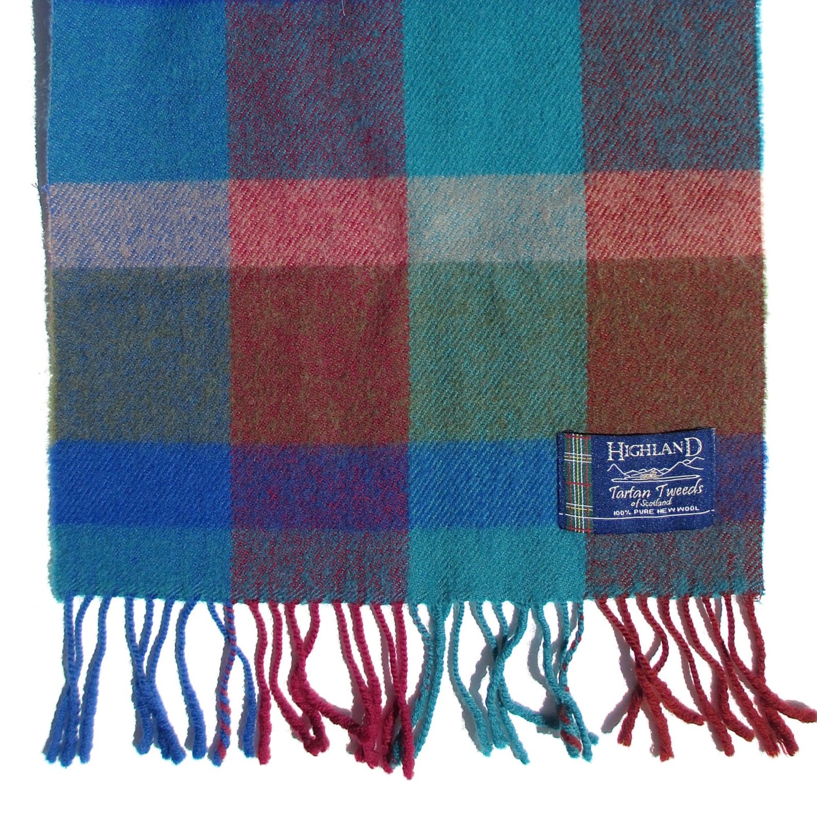 Wool Scarf, Highland Tartan Tweeds Scotland, Blue Brown Tan Green Plaid