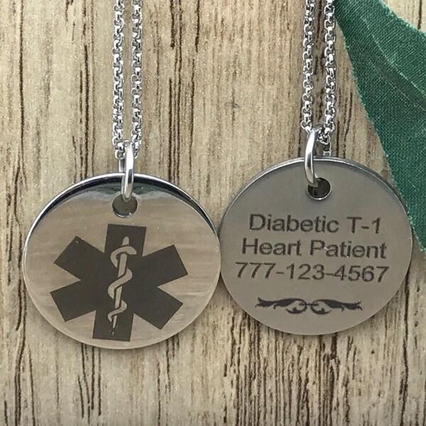 Round Medical Id Tag Necklace, Custom Engrave Medical Alert ID Necklace, Stainless Round Medical ID Necklace, Emergency Tag Necklace