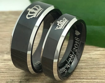 8mm/6mm Crown Rings, King and Queen Rings, Personalized Custom Engrave Two Tone Black Tungsten, Anniversary Ring, Gift for Him, Gift for Her