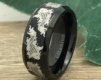 Koi Fish Ring, Men's Wedding Ring, Personalize Engrave Black Plated Titanium Ring, Anniversary Ring, Black Ring, Father's Day Gift TRB258