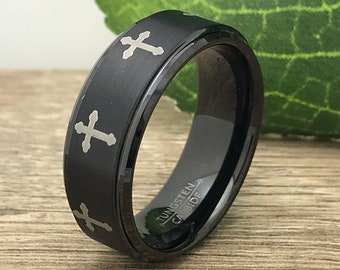 8mm Cross Ring, Black Titanium Wedding Ring, Personalize Engrave Titanium Ring with Laser Engrave Cross Design Comfort Fit Father's Day Gift